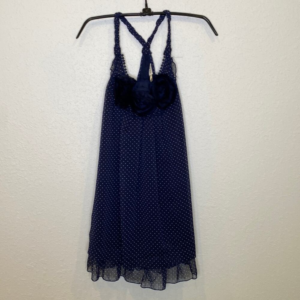 Blue Bird Polka Dot Sheer Dress Floral Appliqué Halter Midi Shift Dress Sz S Jun